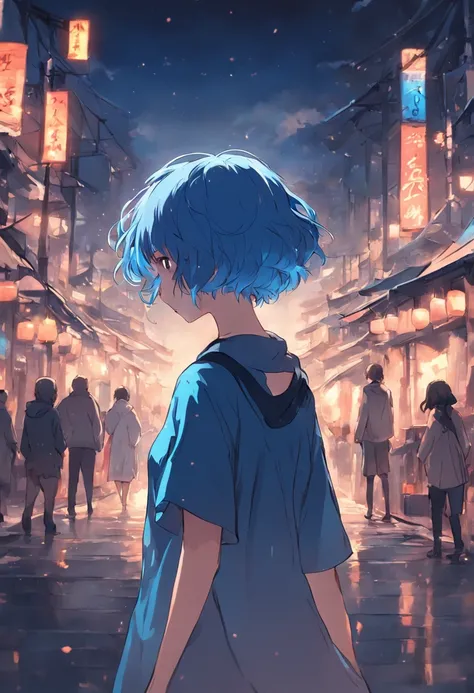 Draw blue short hair girl from behind walking in the town at night time，Convey order and respect（Dont be beautiful）