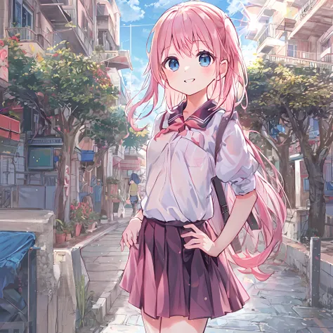 absurderes, hight resolution, (Anime style:1.1), ((masutepiece)), ((Best Quality)), (Ultra-detailed), (Beautiful), 独奏, Beautiful face、(liftup),Cute little girl standing on the street in Mediterranean port city,Wind,Light pink hair, Blue eyes,poneyTail,Cute...