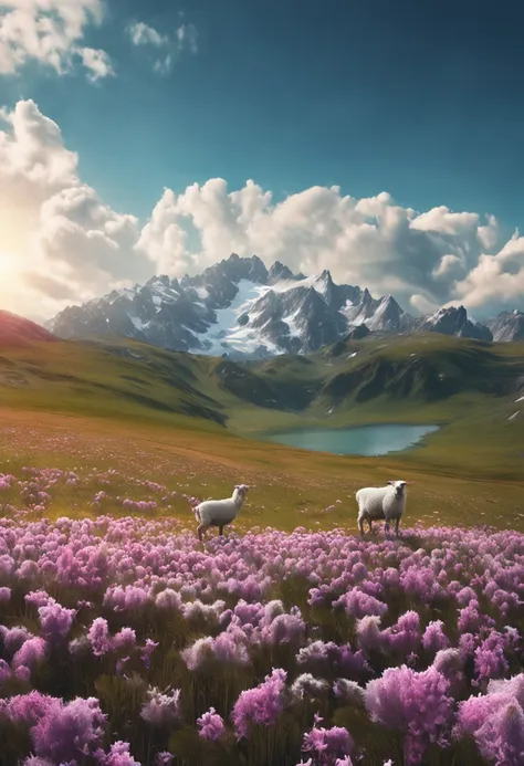 Summer, meadows, a few small flowers, clear lakes, sheep, heaven, large clouds, blue sky, hot weather, HD detail, hyper-detail, cinematic, surrealism, soft light, deep field focus bokeh, distant vistas are snowy mountains, ray tracing, and surrealism. --v6