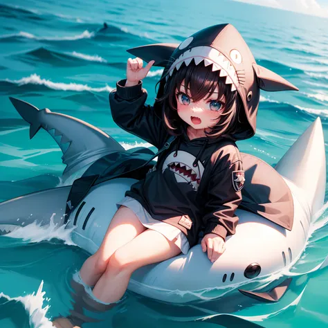 hightquality,Masterpiece, Chibi, nendoroid, Mega Mini, Shark hat, Shark hats have no ears, Hats dont have ears, Shark tail, Shark costume, A dark-haired, Hairstyle Bob, Metal,  Riding a shark, hibiscus, full bodyesbian,