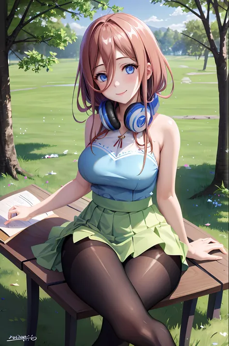 best quality, masterpiece, nice hands, perfect hands,  miku, smile,medium  breasts, sitting under a tree, reading a book, detail...