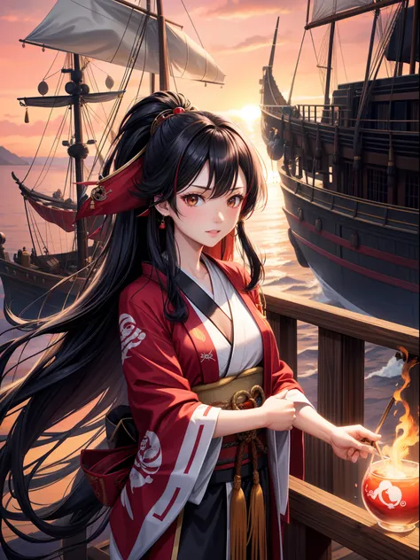 Red sky、Female pirate beauty、kimono、Black hair Long hair、Pirate Ship