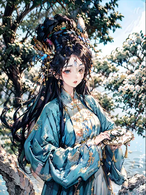 Anime girl wearing blue dress，Long hair in water, Fantasy art style, Beautiful character painting, ((a beautiful fantasy empress)), Asian Woman Water Elemental, a beautiful fantasy empress, Guviz, Guviz-style artwork, by Yang J, closeup fantasy with water ...