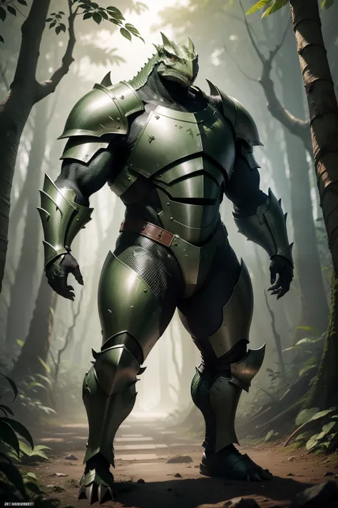 Lizardman warrior，Full body plate armor，Adult male body type，rainforests，solo person，Heavy armor，armour，metall armour，toned figure