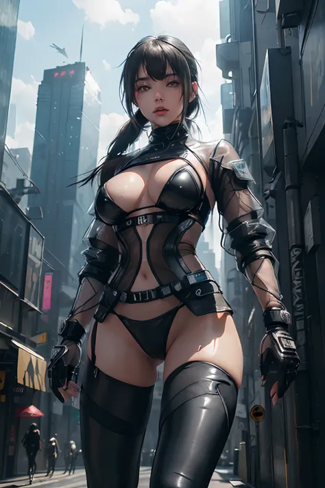 ((Best Quality, 8K, Masterpiece: 1.3)),(ultra-detailed:1.3), 1 girl , ("cyber punk , techwear, jacket":1.3 ),("micro bikini , transparent pussy":1.2), (glove:1.2),("techwear, leggings, thigh high:1.2)large breasts , thigh , (dynamic pose:1.1), "elaborate d...