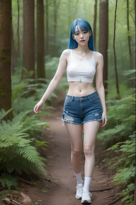 "Full body view of 18 years old Kim Chaewon as a young girl in a tattered and rotted clothing that shows nudity, with blue hair. She is standing confidently on a forest, with a slight exposure of her midriff and a petite figure. The photo is captured in UH...