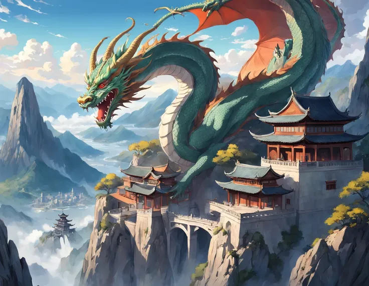 In the distance, A Chinese dragon soars over a building high on a mountain，Dragons eyes，dragon claw，A sword dancing boy dressed in white on a cliff:1.1，A wonderland building suspended in the air，acurate，high qulity，best qualtiy，ultra - detailed