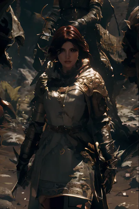 Bruxa com espada e armadura caminhando por uma floresta, picture of female paladin, retrato cavaleiro feminino, arte do personagem do motor irreal, personagem feminina, luz saindo da armadura, unreal engine render + uma deusa, cavaleiro feminino, de uma be...