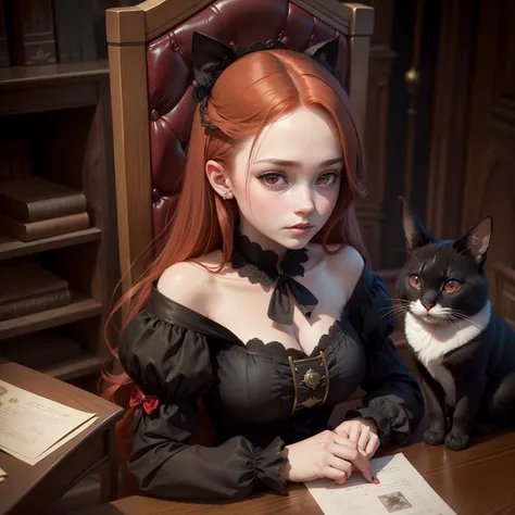 Gorgeous redhead hanging head aristocratic gothic girl，Wear a shabby and luxurious brown dress，Get ready to roll the dice and participate in big bets，The maiden sits on the throne symbolizing the dictator，Like a king，Full of determined eyes，wooden tables，H...