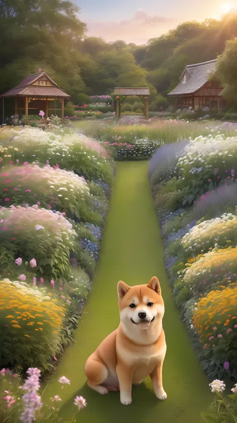 (A hyper-realistic)、(Raw photo)、(illustratio)、(hight resolution)、(8K)、(ighly detailed、（pup）、（Shiba dog）、（1animal）、Drive through the flower garden、Dawn background、Soft lighting from the top right、roundly eyes