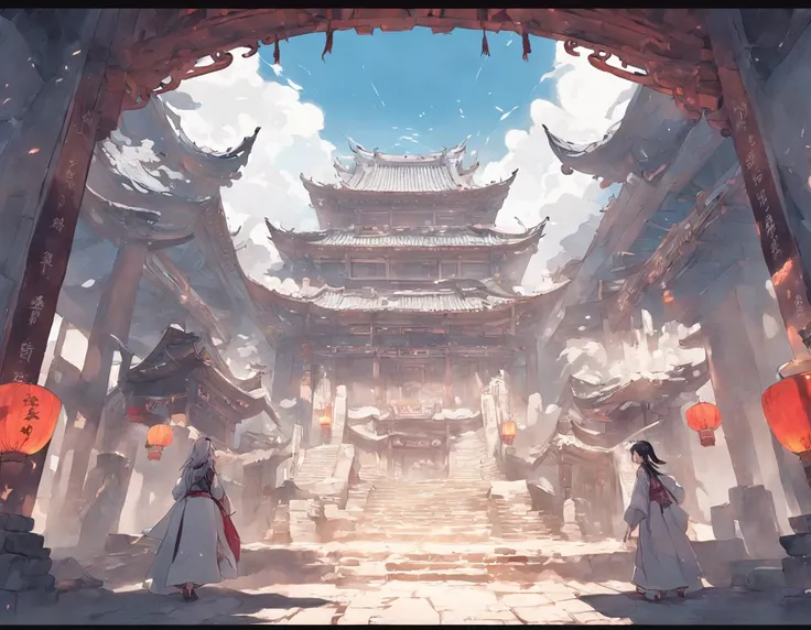 Baiyun is a fusion of various ancient buildings、Huge white clouds、、White ancient Chinese architecture、White Mountains，White Mountain Road、White stone steps、magnifica、Great Artwork、fantasy、mito、Mono Color、arma,cleavage,(Magical Circle:1.1),xiuxian