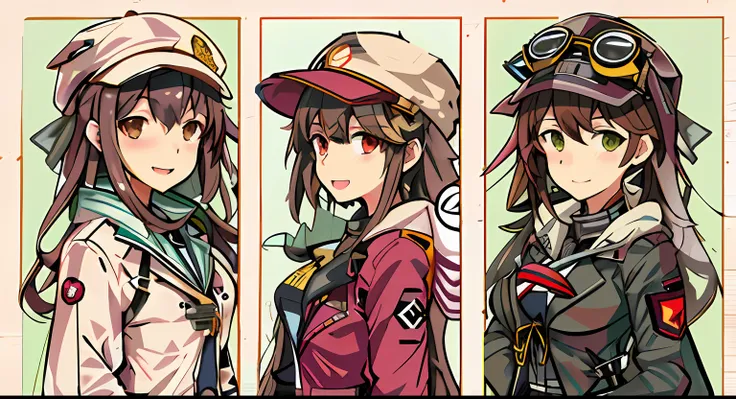 Three different photographs of a woman wearing a hat and jacket, Kantai collection style, girls frontline style, Character artwork, Kawasi, from girls frontline, by Kamagurka, Official artwork, character profile art, kancolle, Pixiv style, Fine details. Gi...