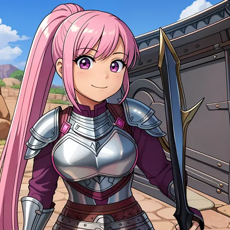 Pink hair、pony tail hairstyle、Brown eyes、Silver armor、Pink skirt、a smile、Holding a shield、Holding a spear、Fantasia