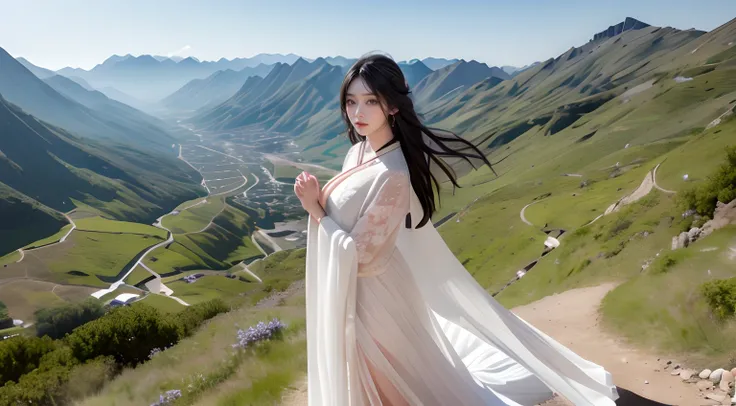 masterpiece, best quality, highres,photo realistic,8K, 1girl , black hair, cleaver , narrow waist ,beautiful eyes , beautiful ancient china silky white dress , beautiful background , Valleys , landscape , standing on the mountain , (from upper:1.6) , dynam...