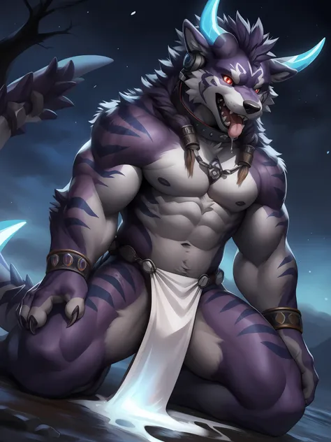 Solo, Male, (Muscular), sacrifices, (male anthro wolf):1.3, Dark purple body，nakeness，Wear white ear headphones，white loincloth, (Kamimei):1.3, (komono:1.4) (DOA):1.23, Detailed eyes, lizard tail,A pair of dragon horns, A pair of dragon wings，((Full body l...