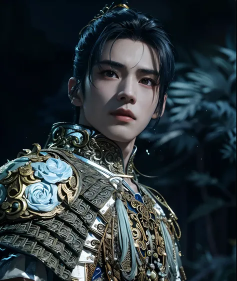 Close-up of a man dressed in gold and blue, drak, Inspired by Zhang Han, zhao yun, Cai Xukun, xianxia hero, Inspired by Huang Shen, inspired by Fan Kuan, bian luan, inspired by Du Jin, inspired by Li Kan, nanquan, Li Zixin, Inspired by Zhao Yuan, bian lian