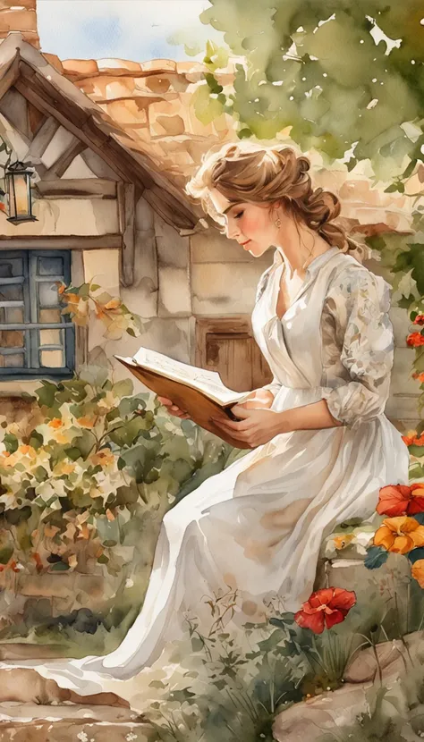 Beautiful vintage woman, cottagecore, writing in journal, detailed scene, good light, ((Realistic)), ((cottagecore style)), (best qualtiy, tmasterpiece), ((sticker))