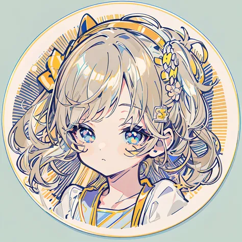 sticker, cute anime girl head，color pigments，in circle, white background, gold border，simple, ultra detailed, detailed drawing, ...