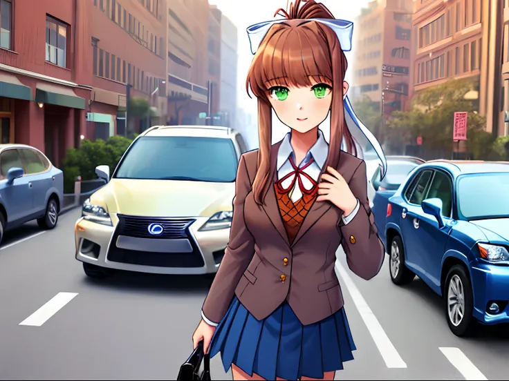 Masterpiece, hd, best quality, 1 girl, monika, green eyes, brown hair, very long hair, ponytail, hair ribbon, white ribbon, school uniform, blazer, brown sweater, collared shirt, neck ribbon, blue skirt, a girl standing in front of cars, lexus suv, black c...