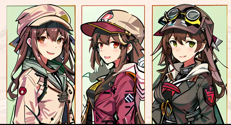 Three different photographs of a woman wearing a hat and jacket, Kantai collection style, girls frontline style, Character artwork, Kawasi, from girls frontline, by Kamagurka, Official artwork, character profile art, kancolle, Pixiv style, Fine details. Gi...