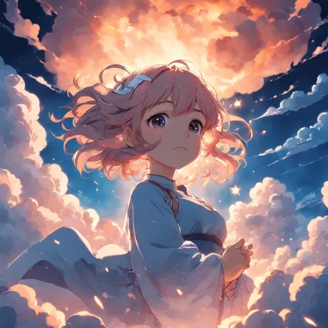 masterpiece, best quality, movie still, 1girl, cloud girl, floating in the sky, close-up, bright, happy, warm soft lighting, sunset, (sparks:0.7)