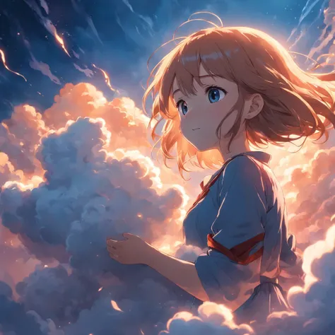 masterpiece, best quality, movie still, 1girl, cloud girl, floating in the sky, close-up, bright, happy, warm soft lighting, sunset, (sparks:0.7)