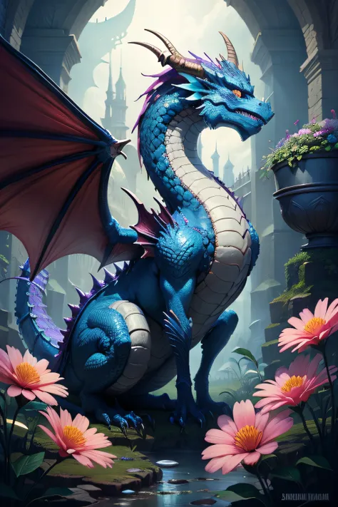 fantasy dragon with a lot of flowers digital art