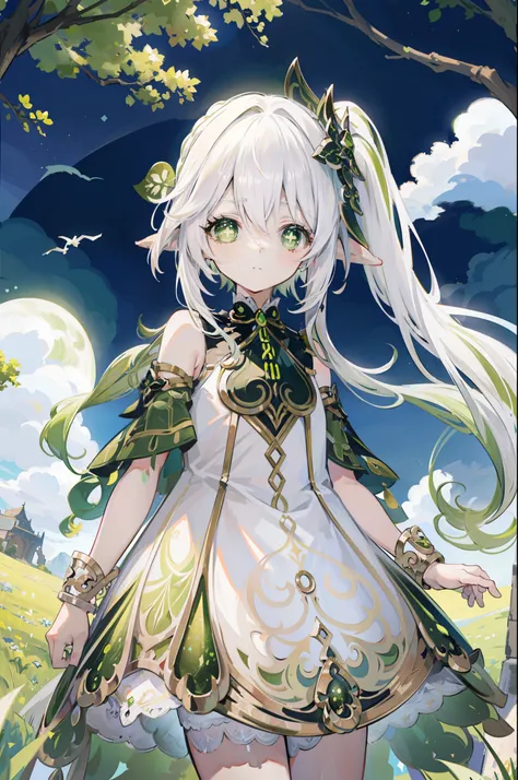 Nahida_Genshin,(White hair),cross-shaped pupils,default_dress,Green cape,simplebackground，themoon，The breath of life，green color，grassy fields，The breath of life，Gentle and powerful divinity，A sense of majesty