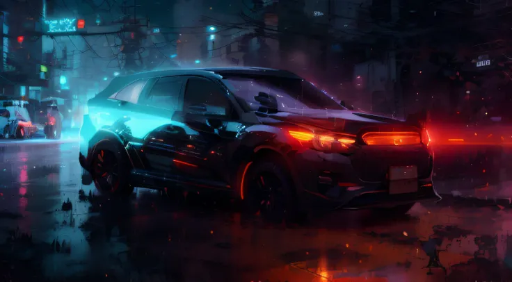 Masterpiece, Best quality, in a cybercity, Illuminated by neon lights of, an intriguing silhouette of a futuristic car moves along the street, a mighty engine reveal hauntingly beyond the landscape of techno skycrappers and holograms, the car is out of thi...