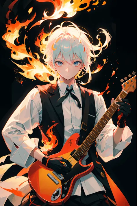 Ryo Yamada, black gloves, creative coloring, fire around, guitar