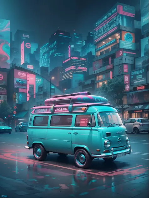 cyan car combi with city surfing designs, Psychedelic, Psychedelia, Psychedelica, hippie, Digital, 1080p, Full-HD, Vintage, 16k, Realistic, Hyperrealistic, Hyper Real