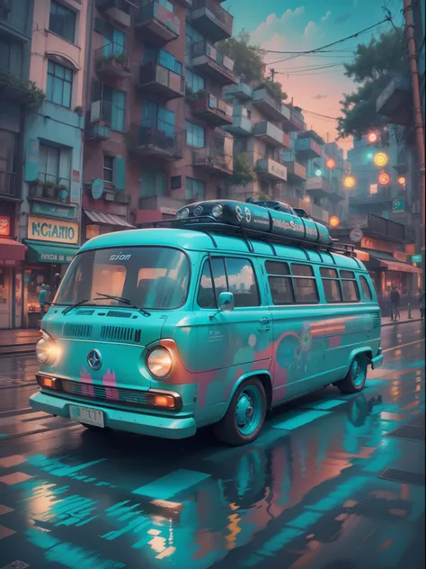 cyan car combi with city surfing designs, Psychedelic, Psychedelia, Psychedelica, hippie, Digital, 1080p, Full-HD, Vintage, 16k, Realistic, Hyperrealistic, Hyper Real