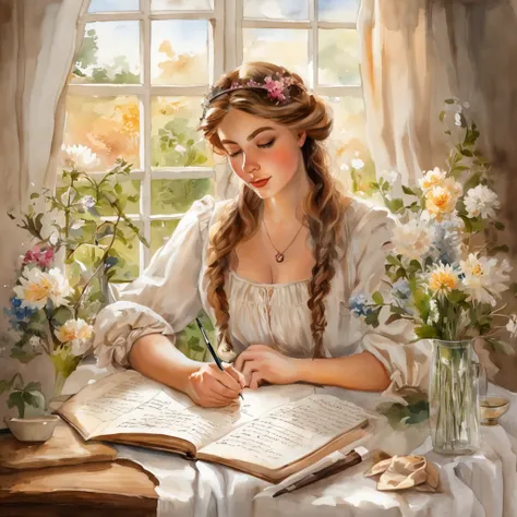 "Woman in vintage cottagecore style with a flower in her hair, captured in a beautifully detailed scene with good lighting. The image has a realistic and highly artistic quality, resembling a masterpiece. The woman is depicted writing, and the background f...