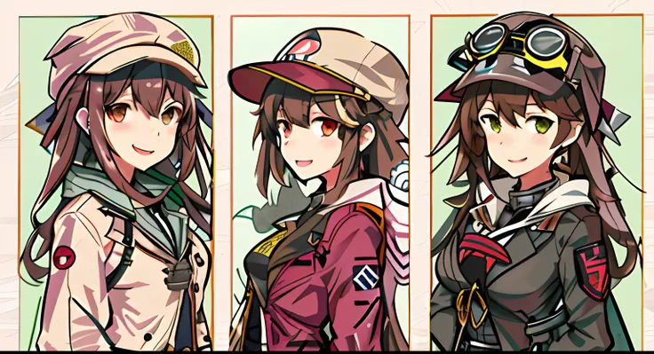 Three different photographs of a woman wearing a hat and jacket, Kantai collection style, girls frontline style, Character artwork, Kawasi, from girls frontline, by Kamagurka, Official artwork, character profile art, kancolle, Pixiv style, Fine details. Gi...