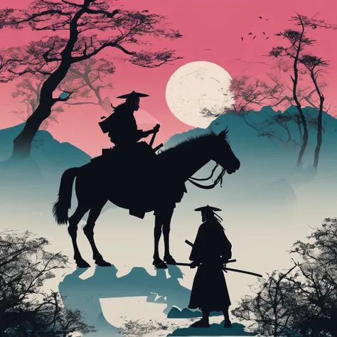 illustration, japanese vibe, samurai, dark, silhouette, cold