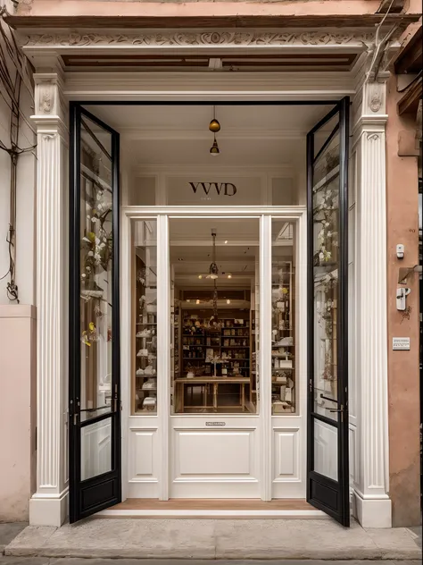 fachada de uma loja de rua, vestido de noiva na vitrine de vidro, loja em formato de bolo de noiva com paredes de pedra de porce...