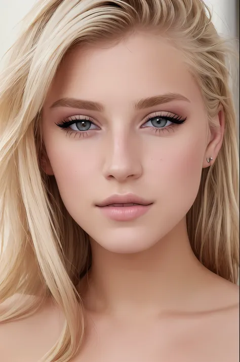 ((best quality)), ((ultra res)), ((photorealistic)), (intricate details), 19 years old, blonde hair, perfect face, make up:1.5, light on face, face detail, NAKED, short hair,