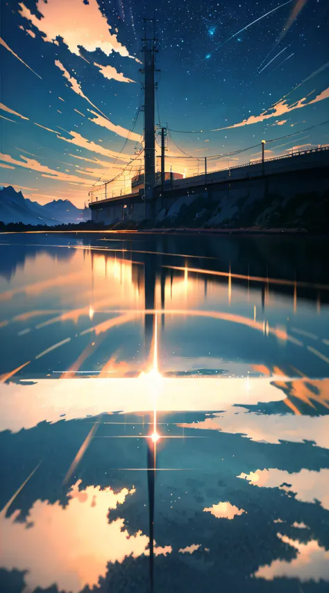 High quality masterpiece ，scenecy，Anime train passing through bodies of water on tracks， Brilliant night sky。Romantic train，pixiv，concept-art，Lofi art style，Reflectors。 by makoto shinkai, lofi art, beautiful anime scenes, Anime landscapes, Detailed scenery...