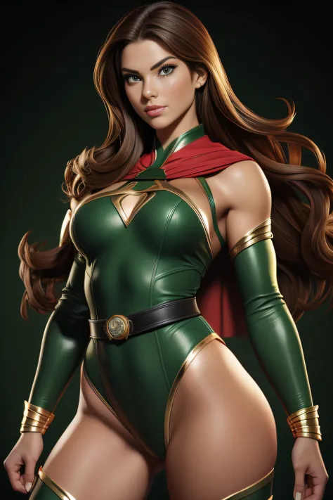 a sexy beautiful superheroine, has large breasts, brown hair, green eyes, green leotard with a black outer rim, the leotard has an opening on the chest area,. Red cape, red belt with a golden medal in the center, wears high knee boots that are black on the...