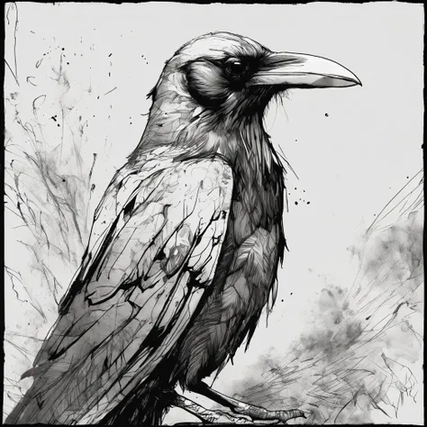 Ink drawing of a raven, side profile, moden ao Dai, full body, Peter Draws, digital illustration, comic style, black and white contrast, perfect anatomy, centered, dynamic, detailed, watercolor painting, artstation, concept art, smooth, sharp focus, illust...