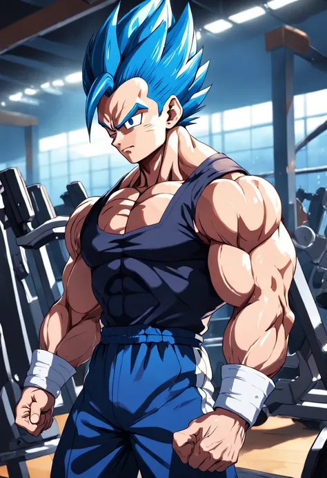 A detailed drawing of Vegeta training biceps intensely in a bodybuilding gym.