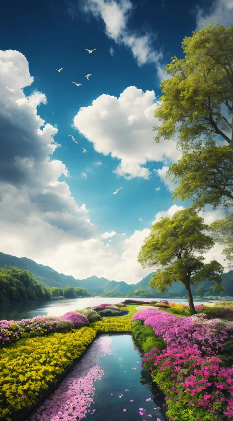 tmasterpiece，Best quality at best，high qulity，the Extremely Detailed CG Unity 8K Wallpapers，scenecy，exteriors，Skysky，​​clouds，daysies，flying birds，mont，scenecy，Eau，The tree，blue-sky，waterfallr，precipice，naturey，Chinese style buildings，lakes，rios，Cloudy sky...