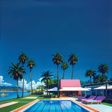 Draw a pool with loungers and palm trees, author：Hiroshi Nagai, inspired by Hiroshi Nagai, 1980s art, Laurent Durieux, author：Ikuo Hirayama, 8 0 s art, ( art fitzpatrick ), author：Howard Ackley, author：Kiichiro Ishikawa, by Shinoda Toko, shusei nagaoka