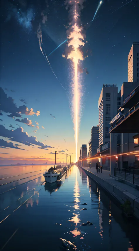 High quality masterpiece ，scenecy，Anime train passing through bodies of water on tracks， Brilliant night sky。Romantic train，pixiv，concept-art，Lofi art style，Reflectors。 by makoto shinkai, lofi art, beautiful anime scenes, Anime landscapes, Detailed scenery...