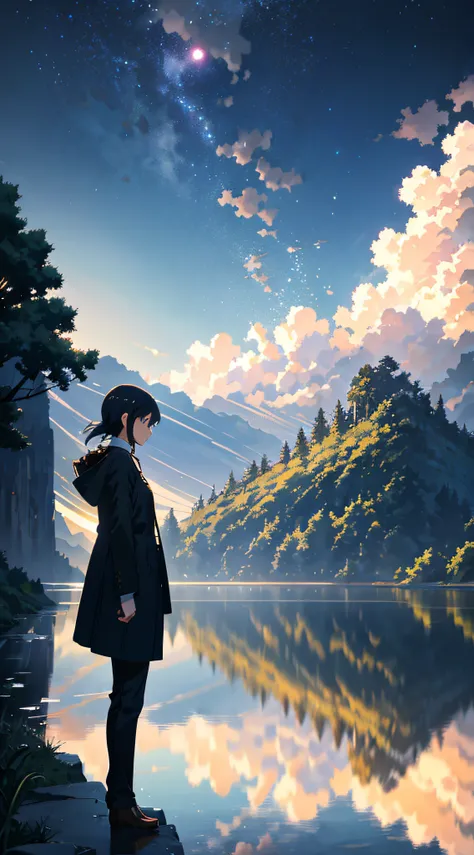 High quality masterpiece ，scenecy，Anime train passing through bodies of water on tracks， Brilliant night sky。Romantic train，pixiv，concept-art，Lofi art style，Reflectors。 by makoto shinkai, lofi art, beautiful anime scenes, Anime landscapes, Detailed scenery...