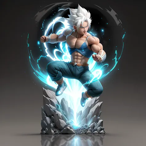 Goku, super saiyan, exquisite hair, arm depiction, white and blue hair body, exquisite shoes, eye depiction, exquisite hair, popmart blind box, clay texture, stepping on the land, black and white background, natural lighting, most good quality, super detai...