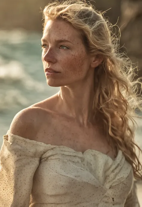 photo awarded best quality masterpiece upper body woman freckled face blonde hair blonde blown by wind emerald eyes strapless dress modern by Jeremy Lipking by Antonio J. Manzanedo by lee jeffries Nikon D850 film Stock Photography 4 camera kodak portra 400...