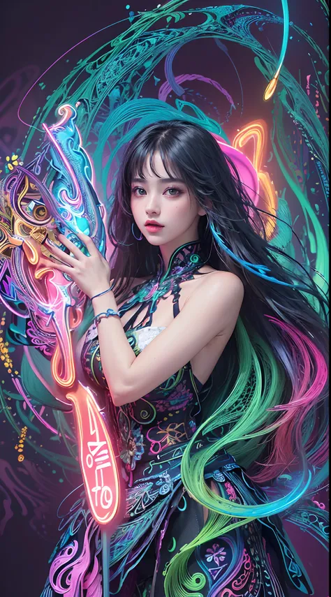 (masterpiece, top quality, best quality, official art, beautiful and aesthetic:1.2), (1girl:1.3), extremely detailed,(fractal art:1.2),colorful,highest detailed,( zentangle neon:1.2), (dynamic pose), (abstract background neon:1.5), (treditional dress:1.2),...