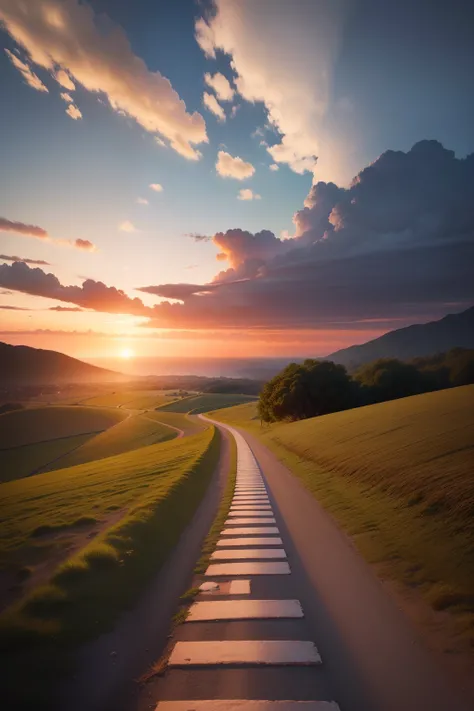 An image that represents a journey or transition, como uma estrada sinuosa, a bifurcating path or a sunset symbolizing the end of a phase and the beginning of a new journey.