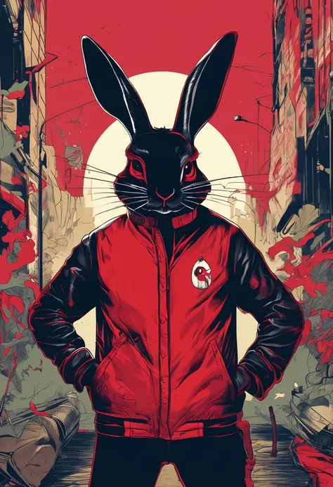 Coelho Alafed com jaqueta preta e fundo vermelho, Retrato de um Bugs Bunny, anthropomorphic bunny, Coelho ruim, Coelho, Wojtek FUS, coelho, ElectrixBunny, coelho guerreiro, em ternos de coelho, coelhinho playboy, inspired by Kanō Naizen, terno de coelho, e...